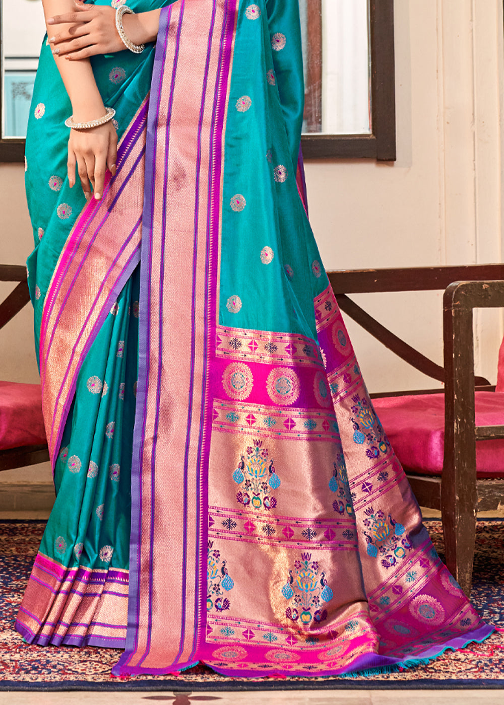 Buy MySilkLove Dark Teal Blue Woven Paithani Soft Silk Saree Online