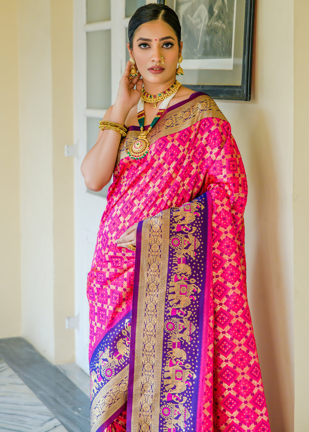 Buy MySilkLove Magenta Pink Woven Banarasi Bandhani Silk Saree Online