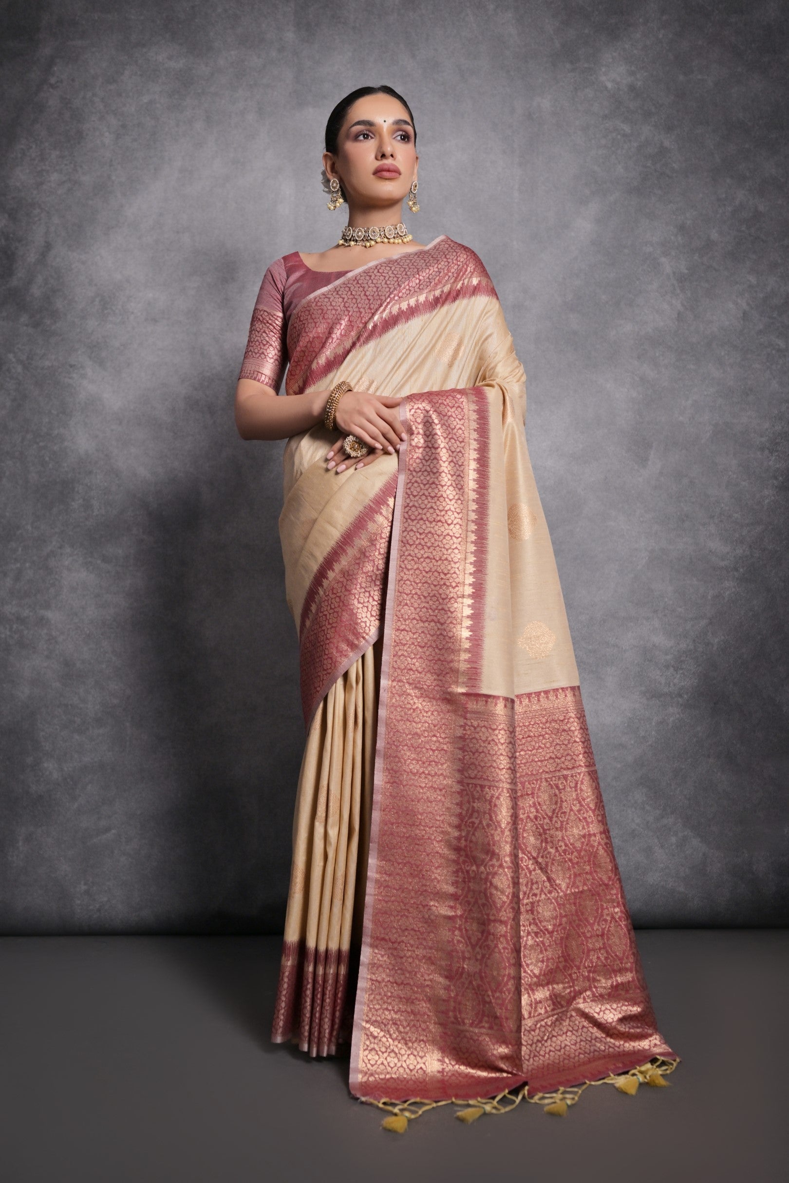 Buy MySilkLove Cameo Cream Tussar Temple Border Silk Saree Online