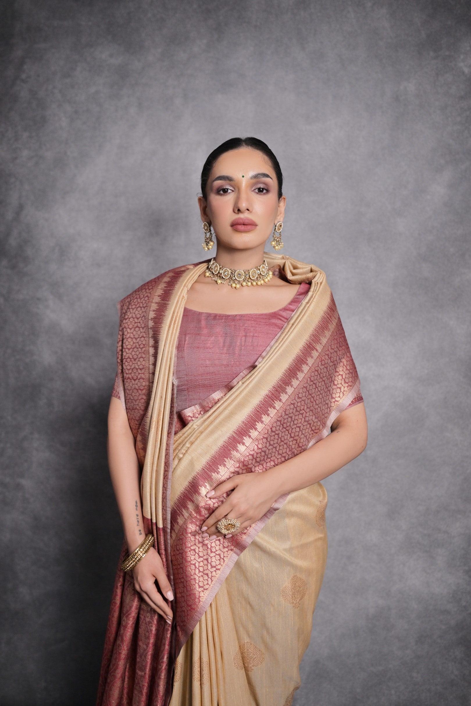 Buy MySilkLove Cameo Cream Tussar Temple Border Silk Saree Online