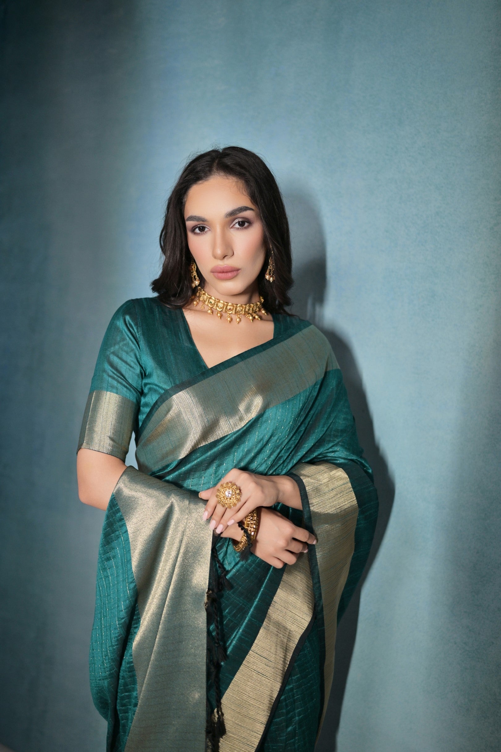 Buy MySilkLove Casal Green Woven Raw Silk Saree Online