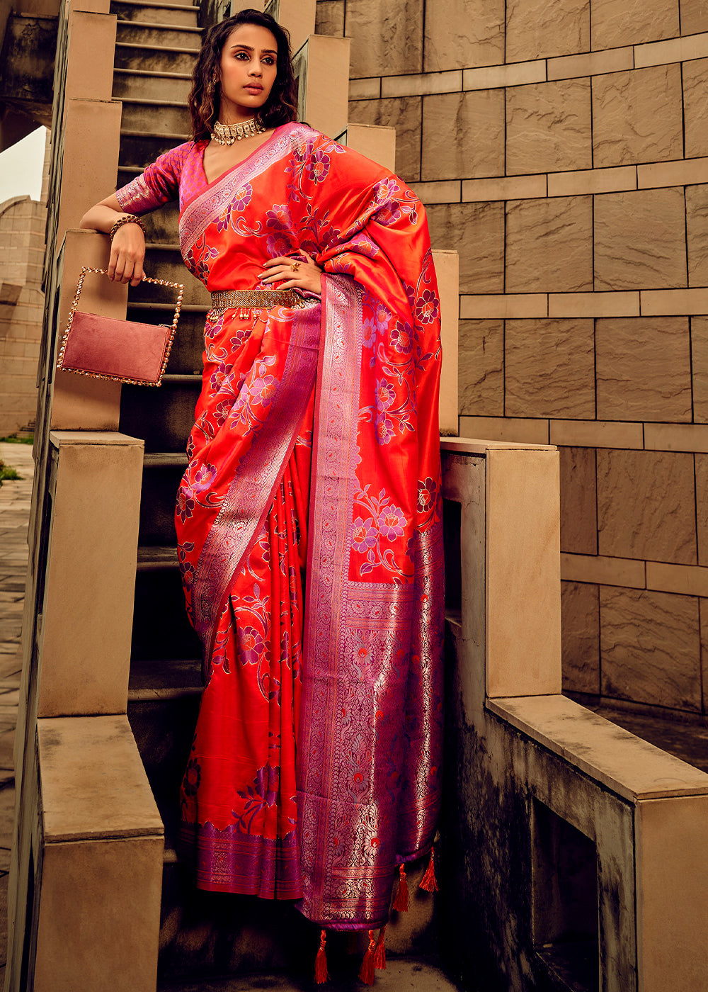 Buy MySilkLove Coral Orange Zari Woven Banarasi Handloom Silk Saree Online