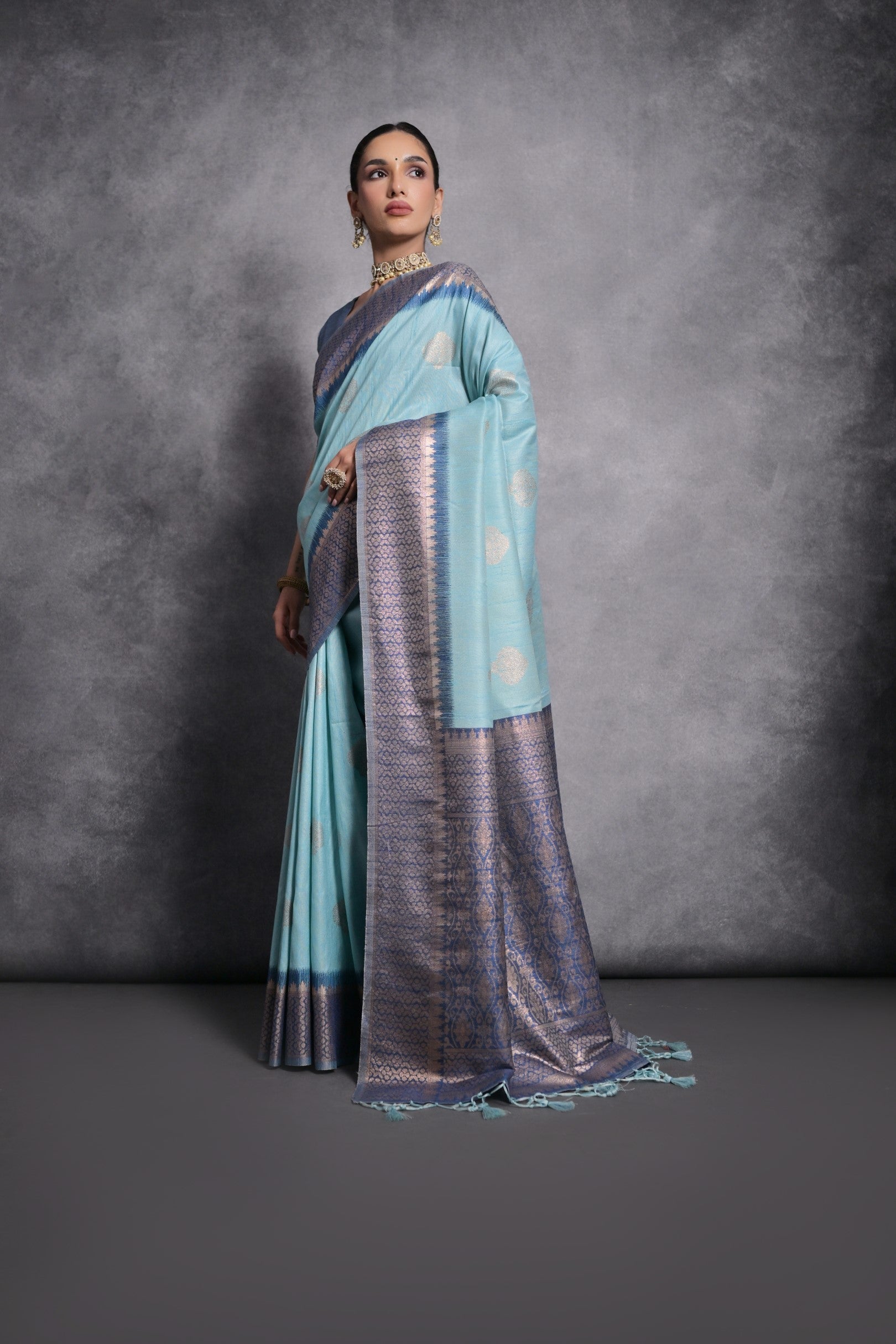 Buy MySilkLove Sinbad Blue Tussar Temple Border Silk Saree Online