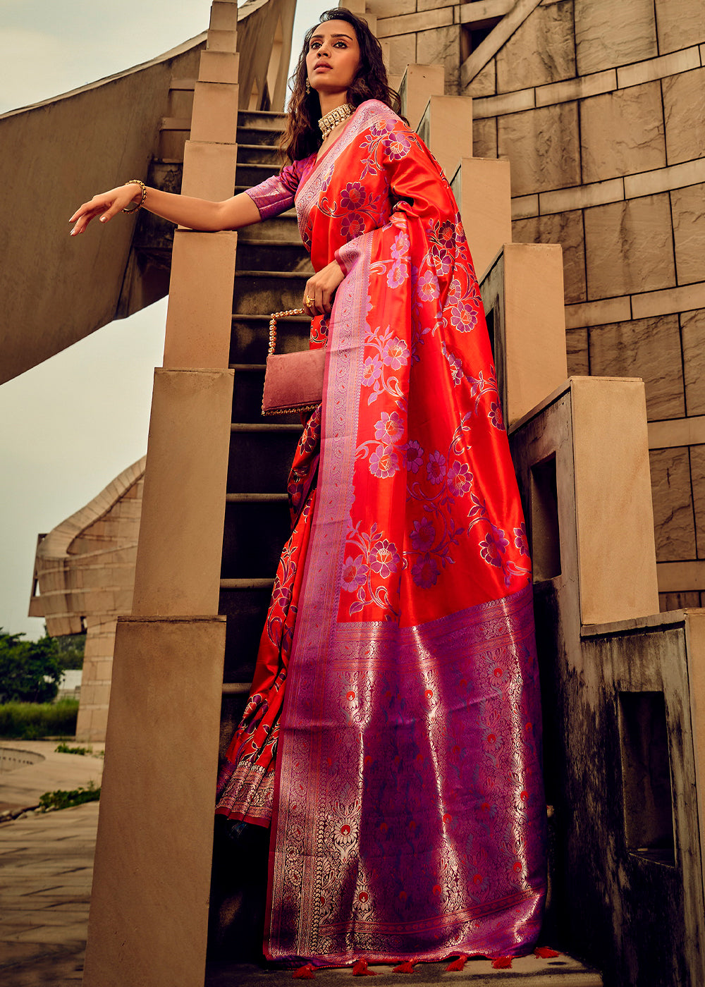 Buy MySilkLove Coral Orange Zari Woven Banarasi Handloom Silk Saree Online