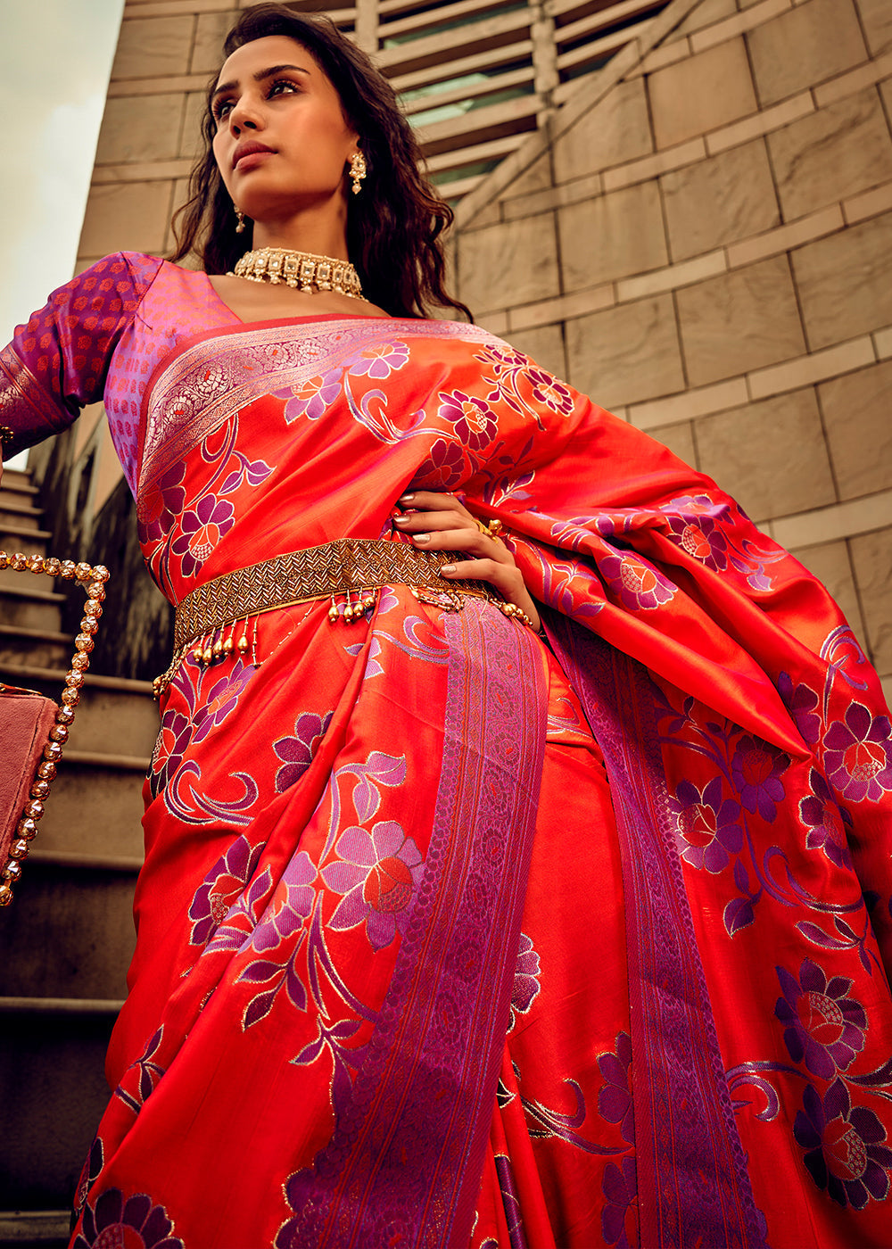 Buy MySilkLove Coral Orange Zari Woven Banarasi Handloom Silk Saree Online