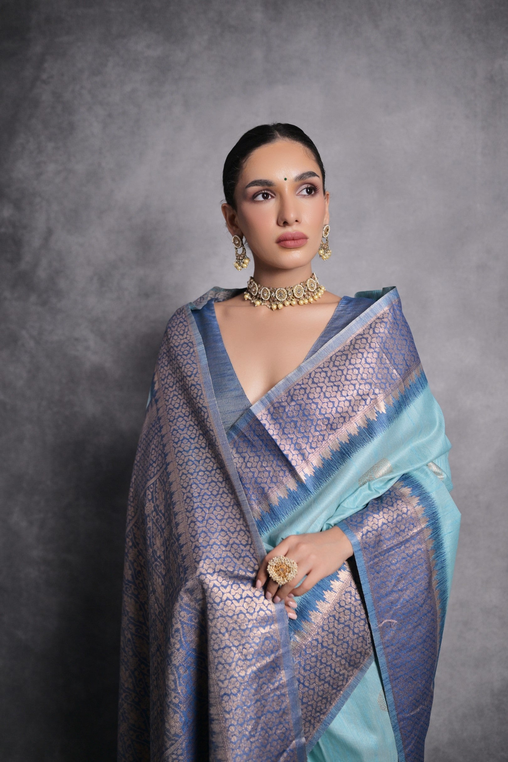 Buy MySilkLove Sinbad Blue Tussar Temple Border Silk Saree Online