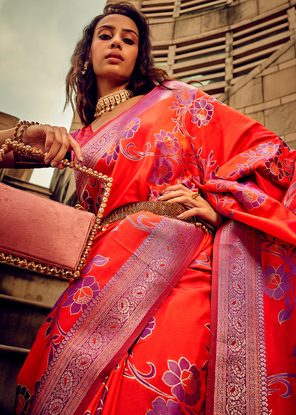 Buy MySilkLove Coral Orange Zari Woven Banarasi Handloom Silk Saree Online