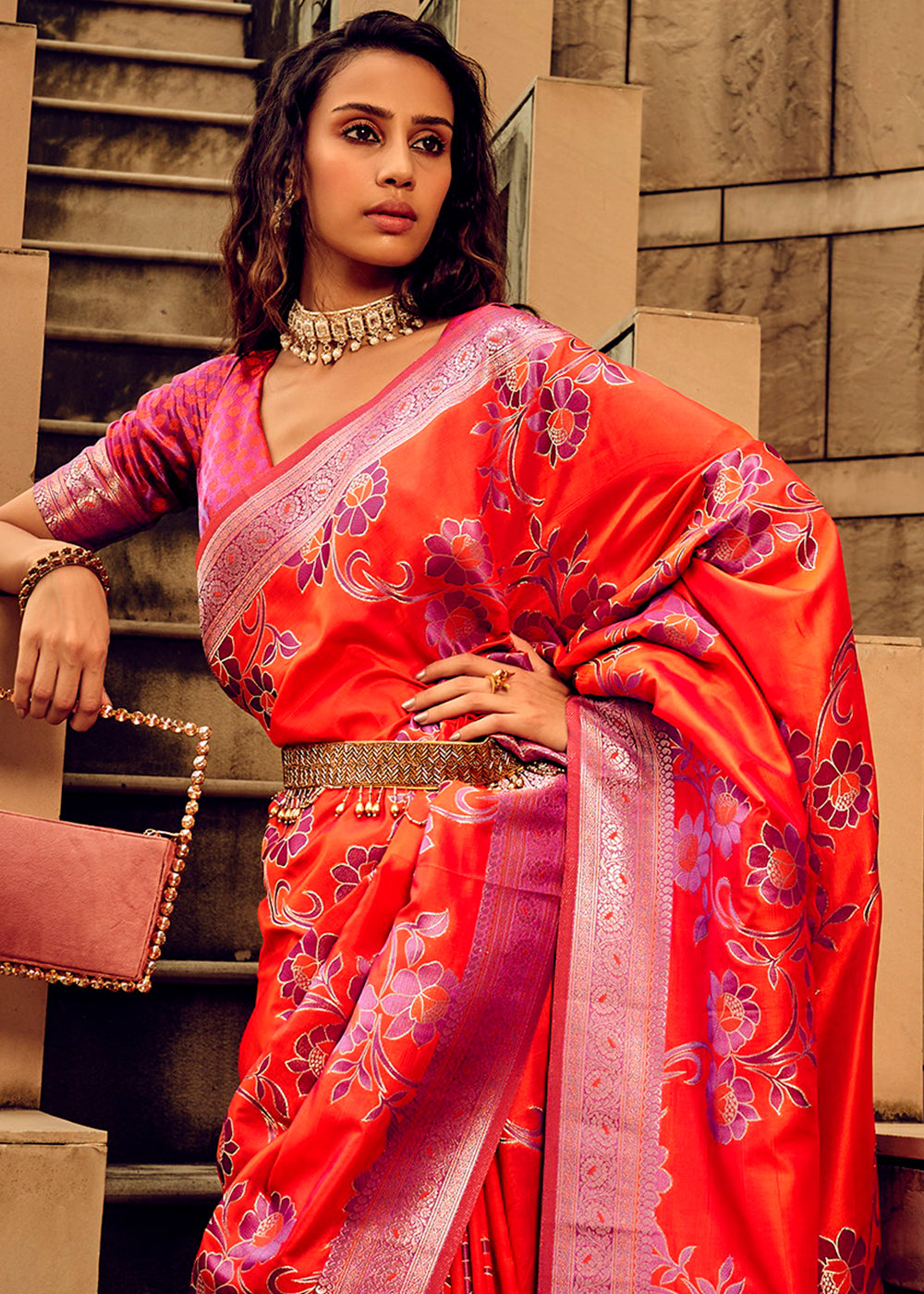 Buy MySilkLove Coral Orange Zari Woven Banarasi Handloom Silk Saree Online