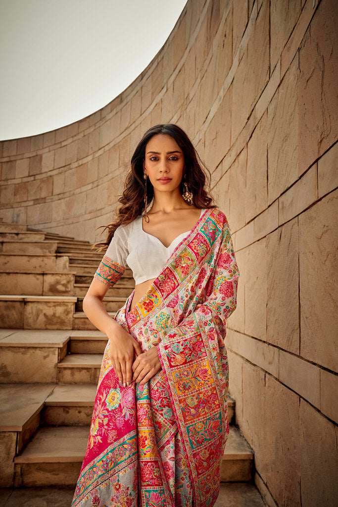 Buy MySilkLove Beige Cream Woven Kashmiri Jamewar Silk Saree Online