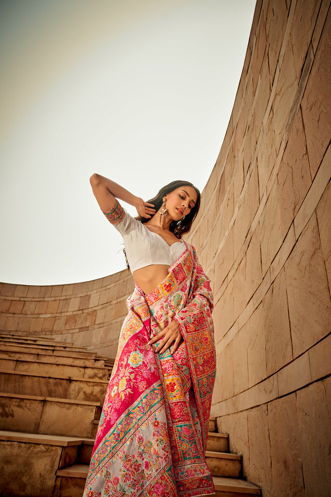 Buy MySilkLove Beige Cream Woven Kashmiri Jamewar Silk Saree Online