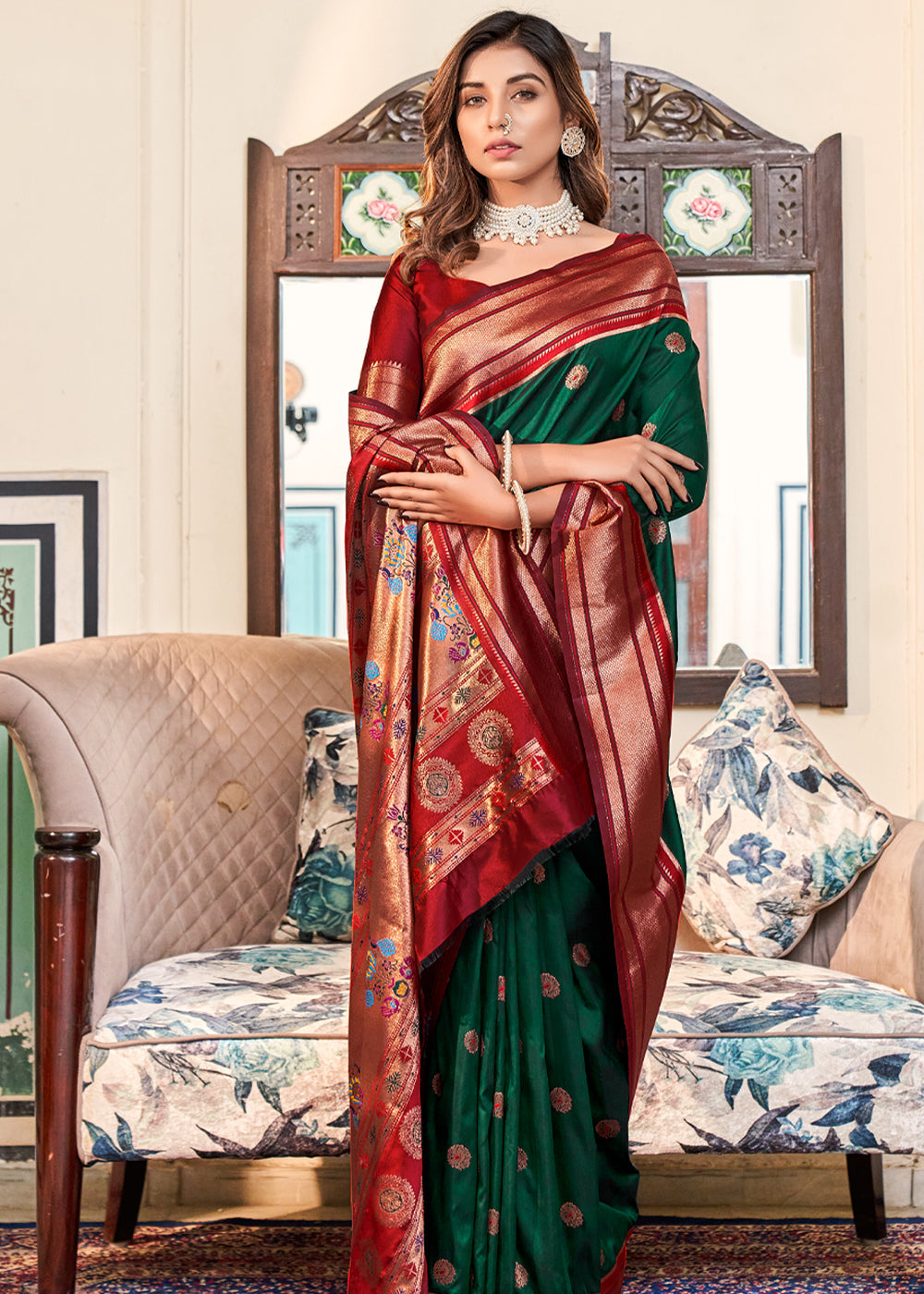 Buy MySilkLove Basil Green Woven Paithani Soft Silk Saree Online
