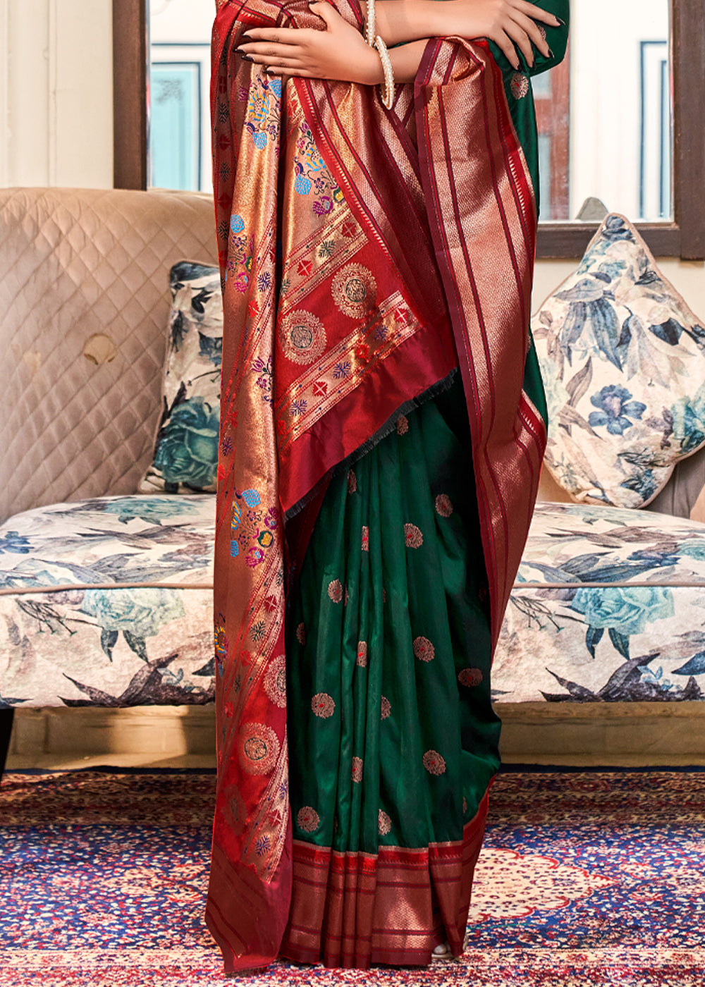 Buy MySilkLove Basil Green Woven Paithani Soft Silk Saree Online