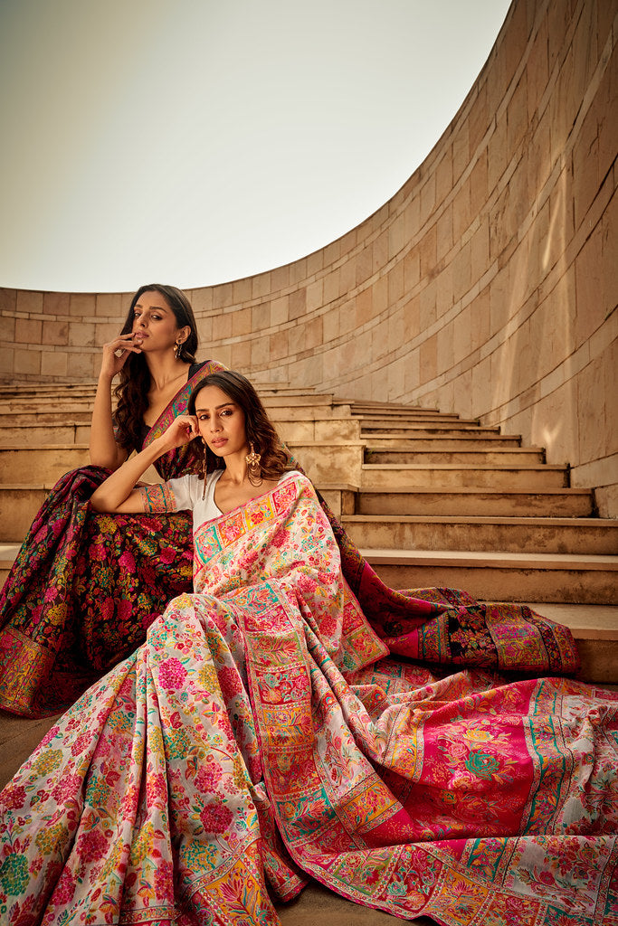 Buy MySilkLove Beige Cream Woven Kashmiri Jamewar Silk Saree Online