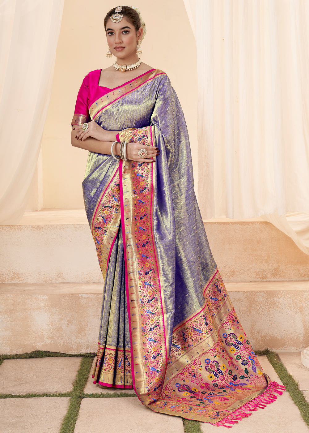 Buy MySilkLove Silver Grey Woven Paithani Tissue Silk Saree Online
