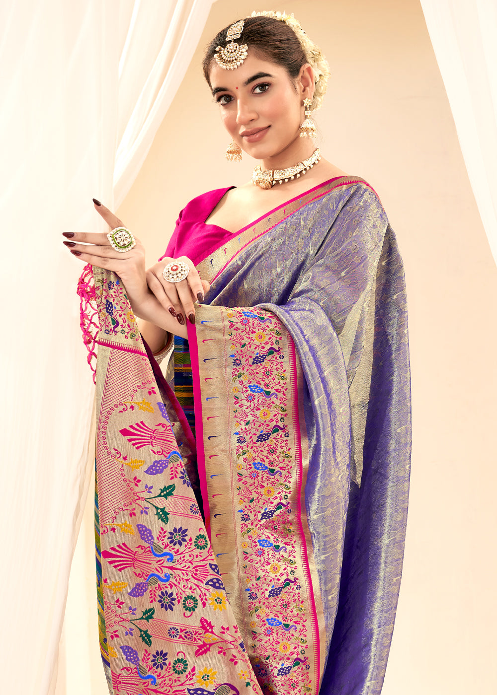 Buy MySilkLove Silver Grey Woven Paithani Tissue Silk Saree Online