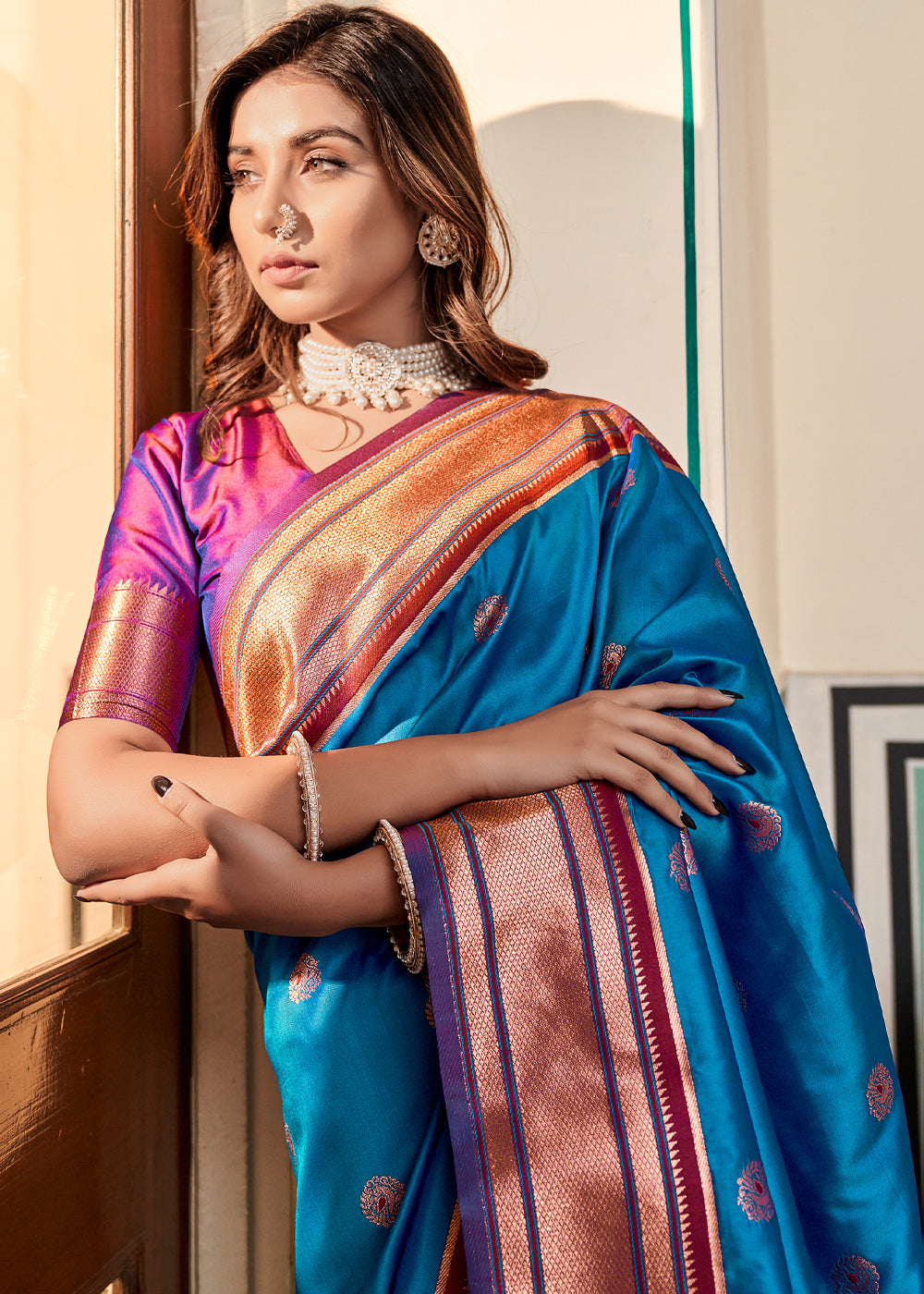 Buy MySilkLove Azure Blue Woven Paithani Soft Silk Saree Online