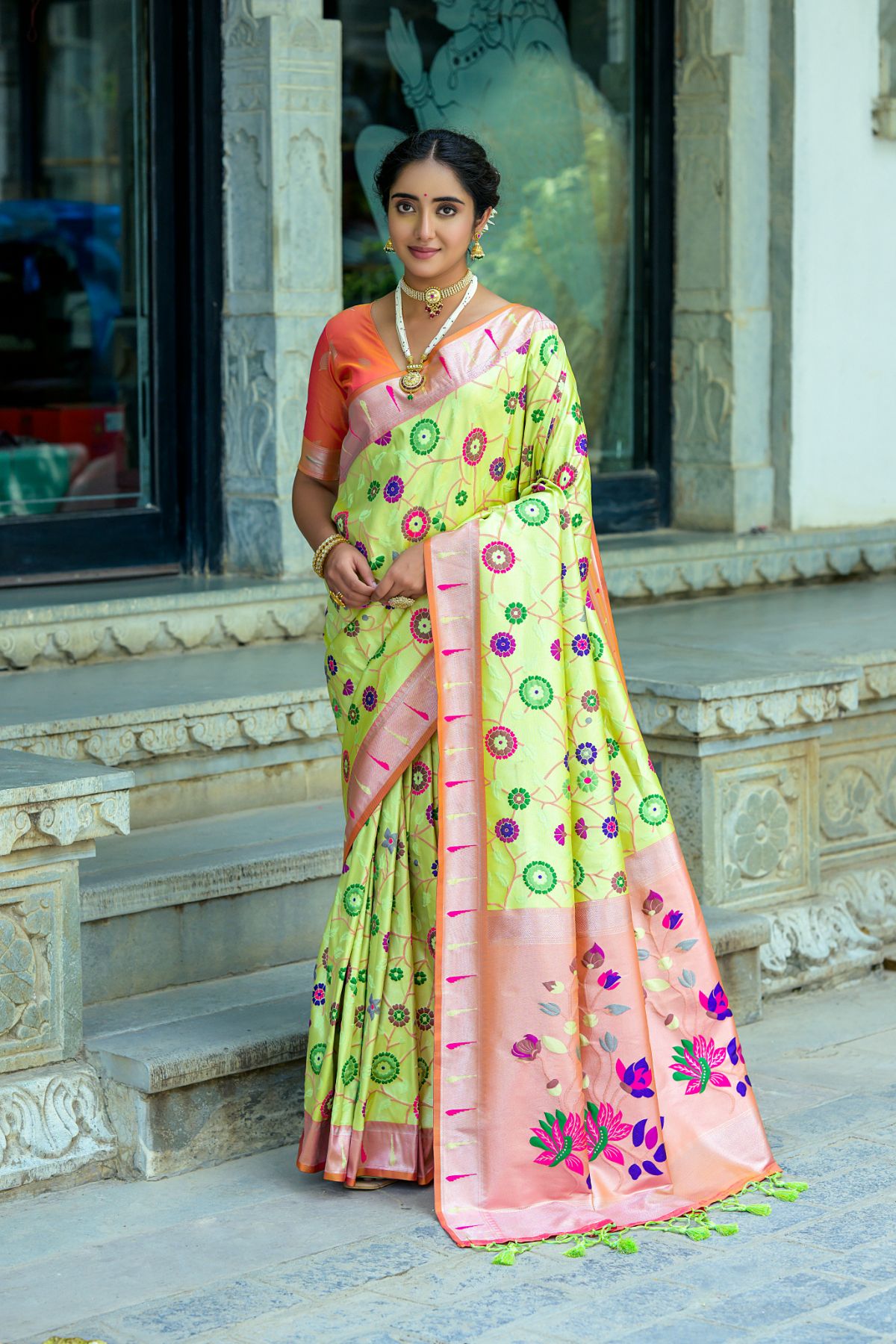Buy MySilkLove Parrot Green Woven Paithani Saree Online
