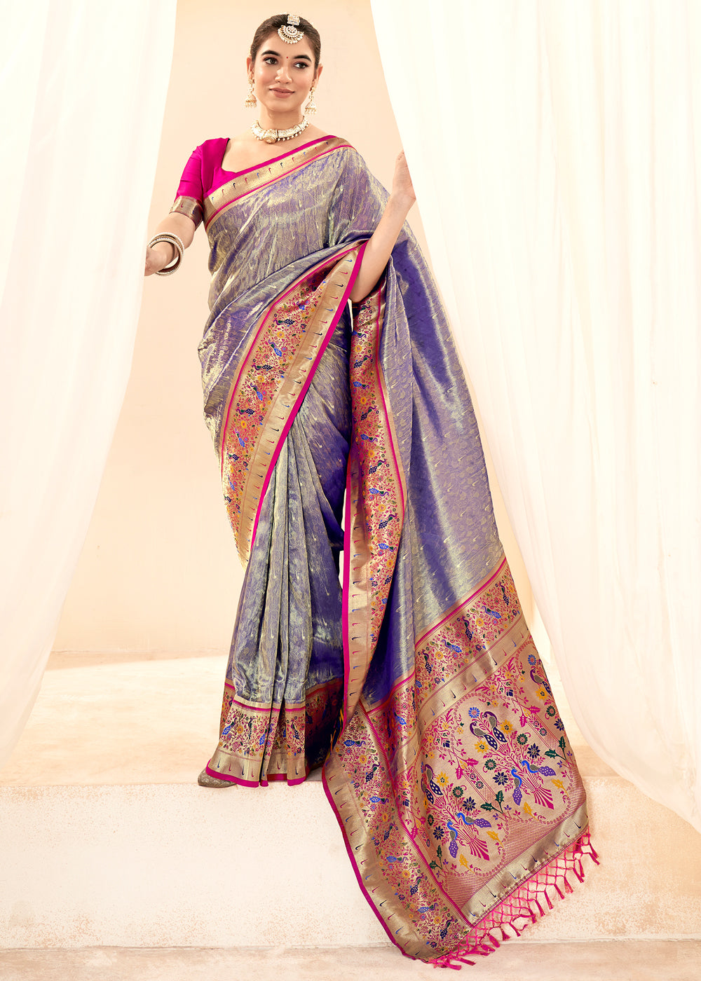 Buy MySilkLove Silver Grey Woven Paithani Tissue Silk Saree Online