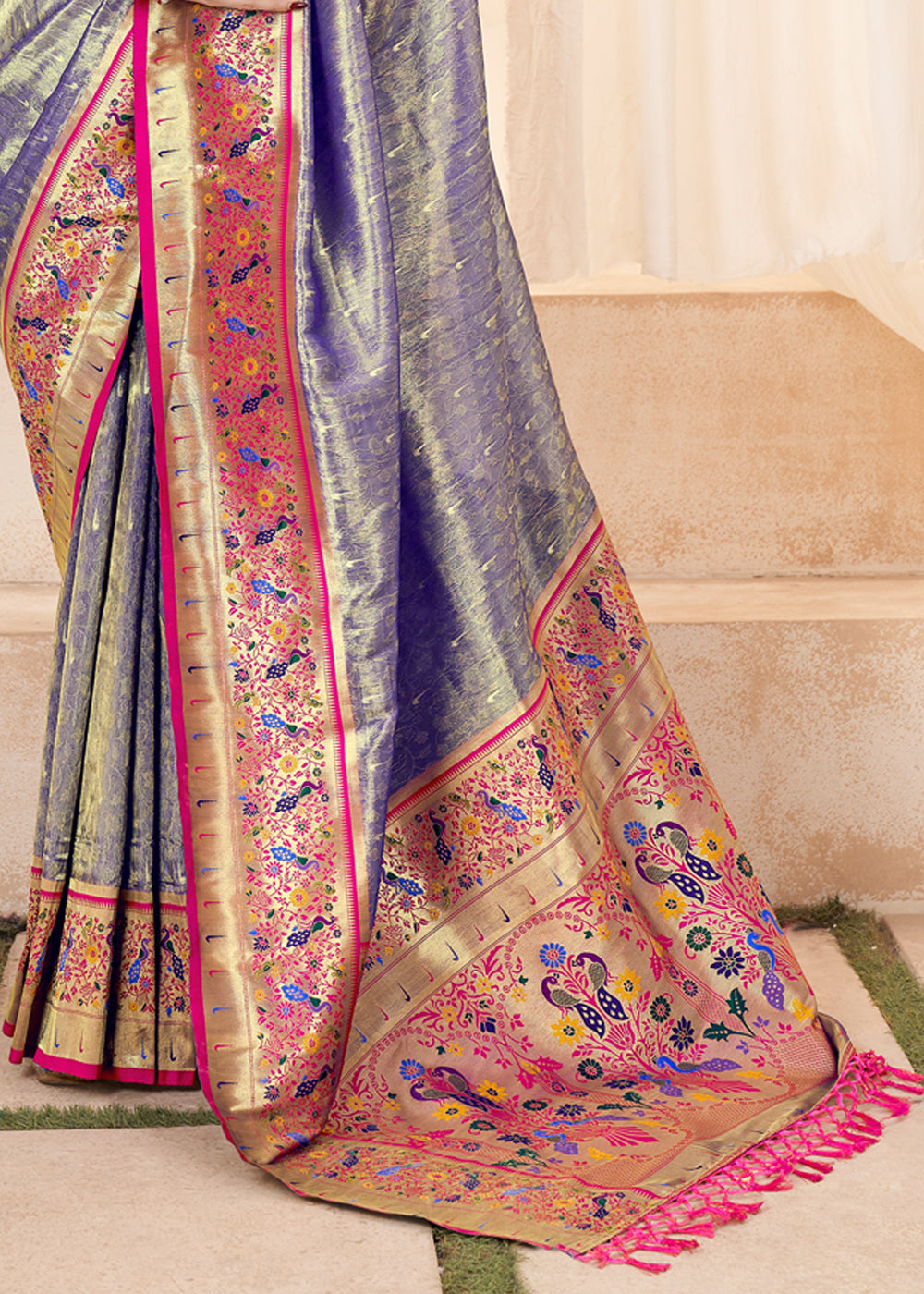 Buy MySilkLove Silver Grey Woven Paithani Tissue Silk Saree Online