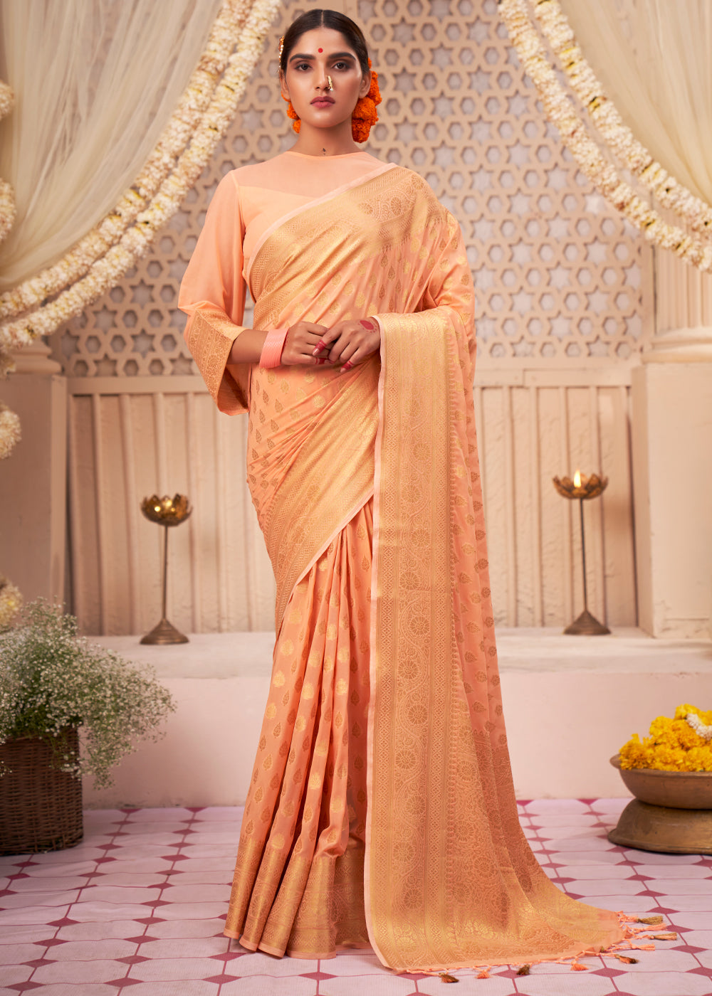 Buy MySilkLove Caramel Orange Woven Georgette Saree Online