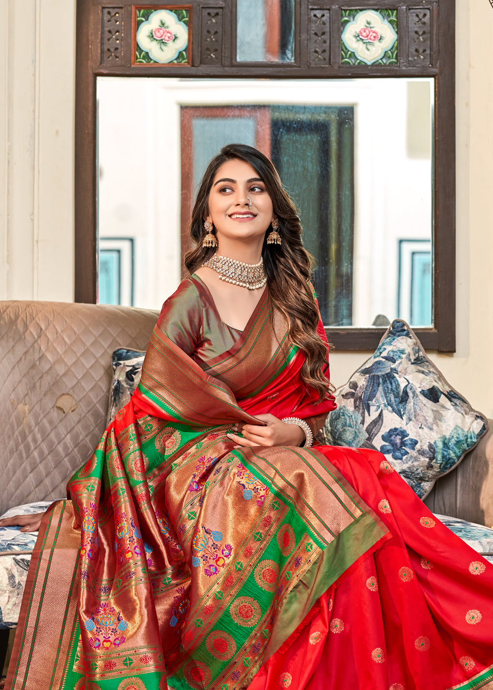 Buy MySilkLove Candy Apple Red Woven Paithani Soft Silk Saree Online