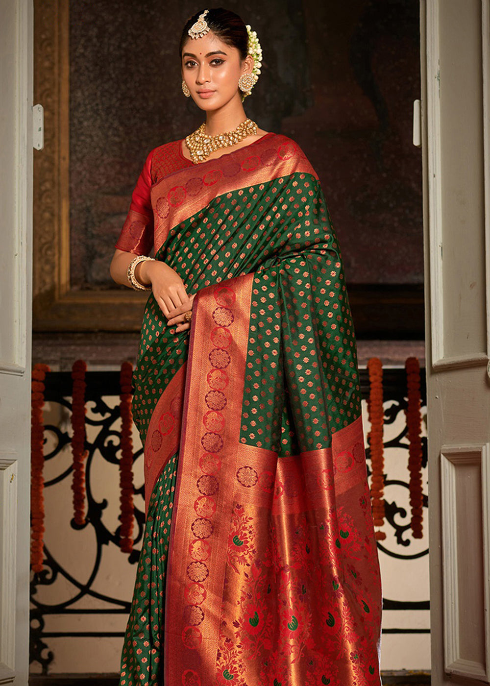 Buy MySilkLove Woodland Green and Red Woven Banarasi Silk Saree Online