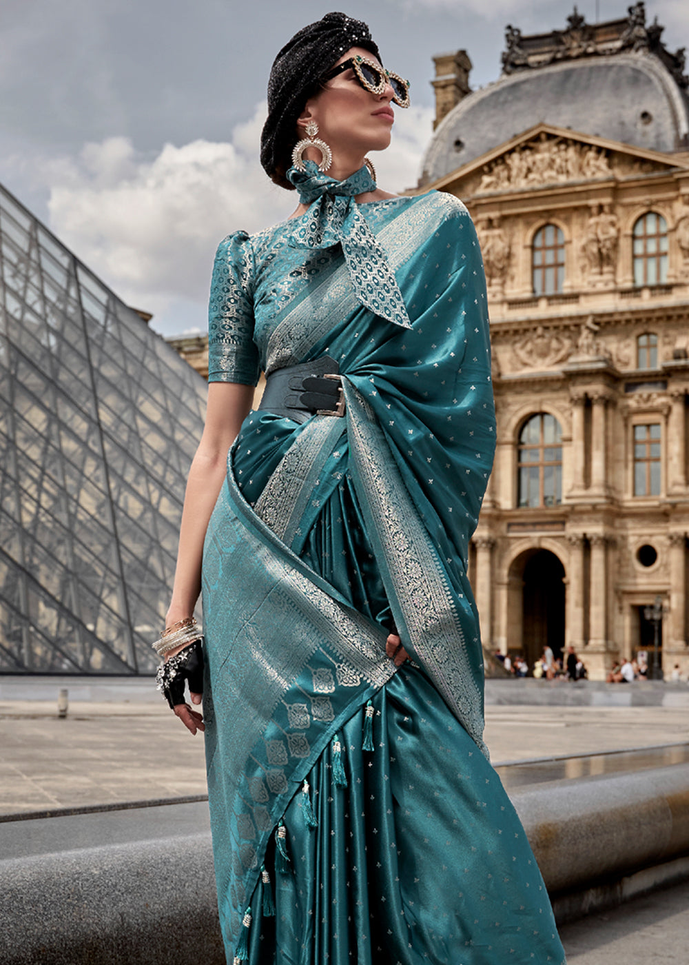 Buy MySilkLove Patina Blue Woven Banarasi Satin Silk Saree Online