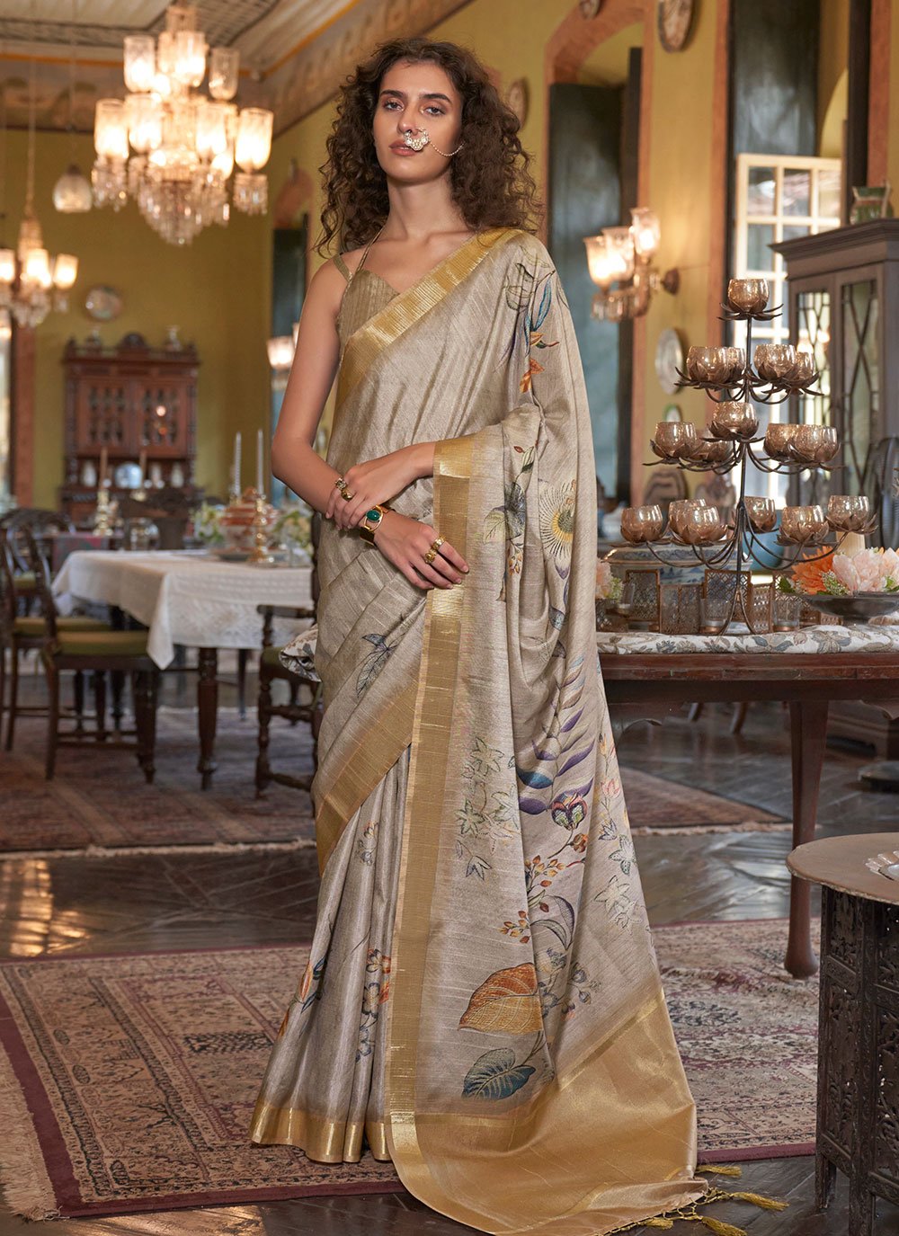 Buy MySilkLove Bison Hide Brown and Yellow Banarasi Floral Printed Saree Online
