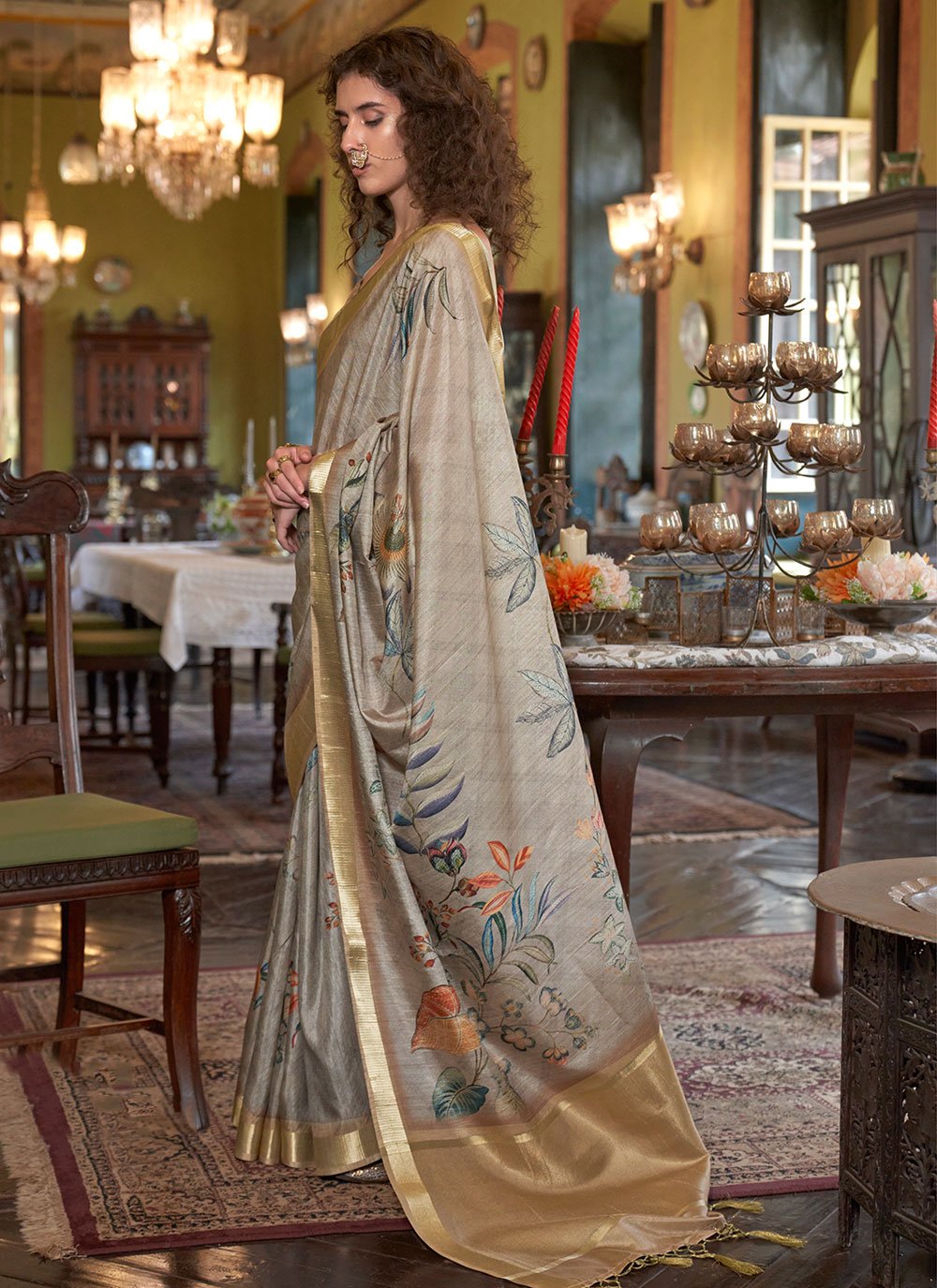 Buy MySilkLove Bison Hide Brown and Yellow Banarasi Floral Printed Saree Online