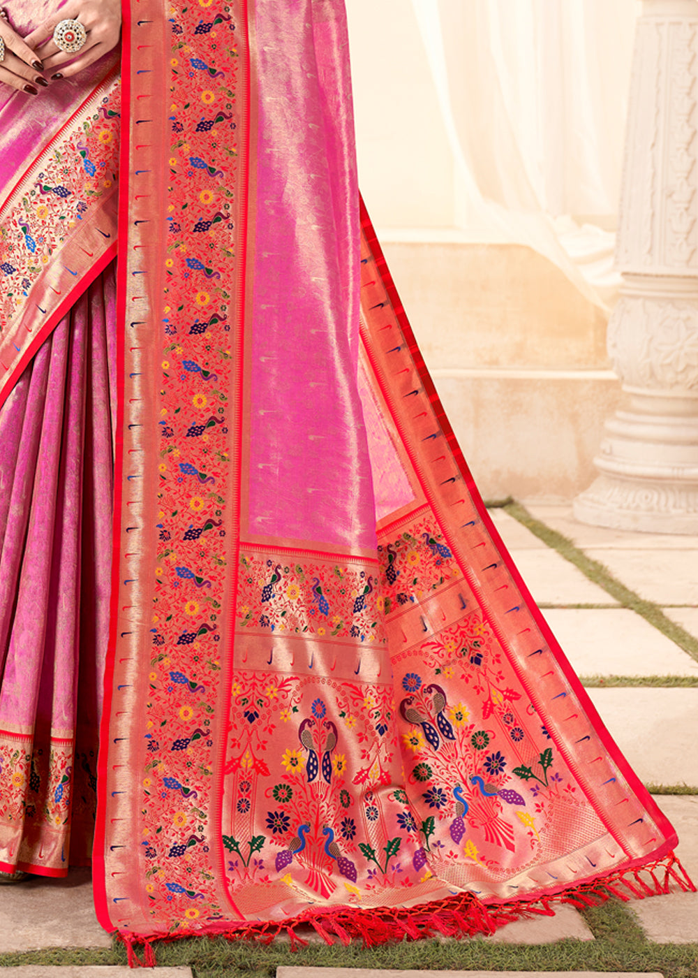 Buy MySilkLove Chestnut Rose Pink Woven Paithani Tissue Silk Saree Online