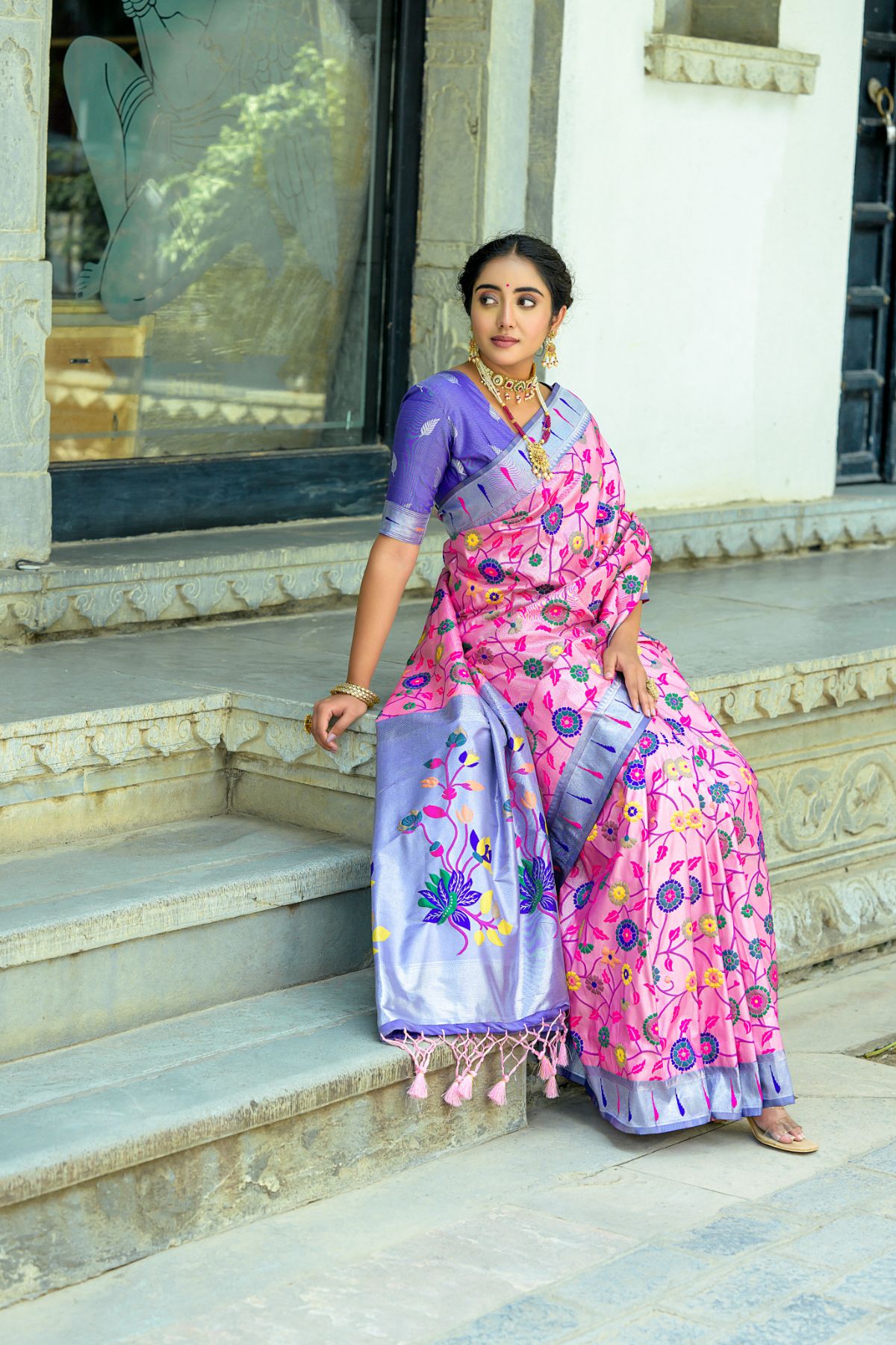 Buy MySilkLove Lotus Pink and Blue Woven Paithani Saree Online