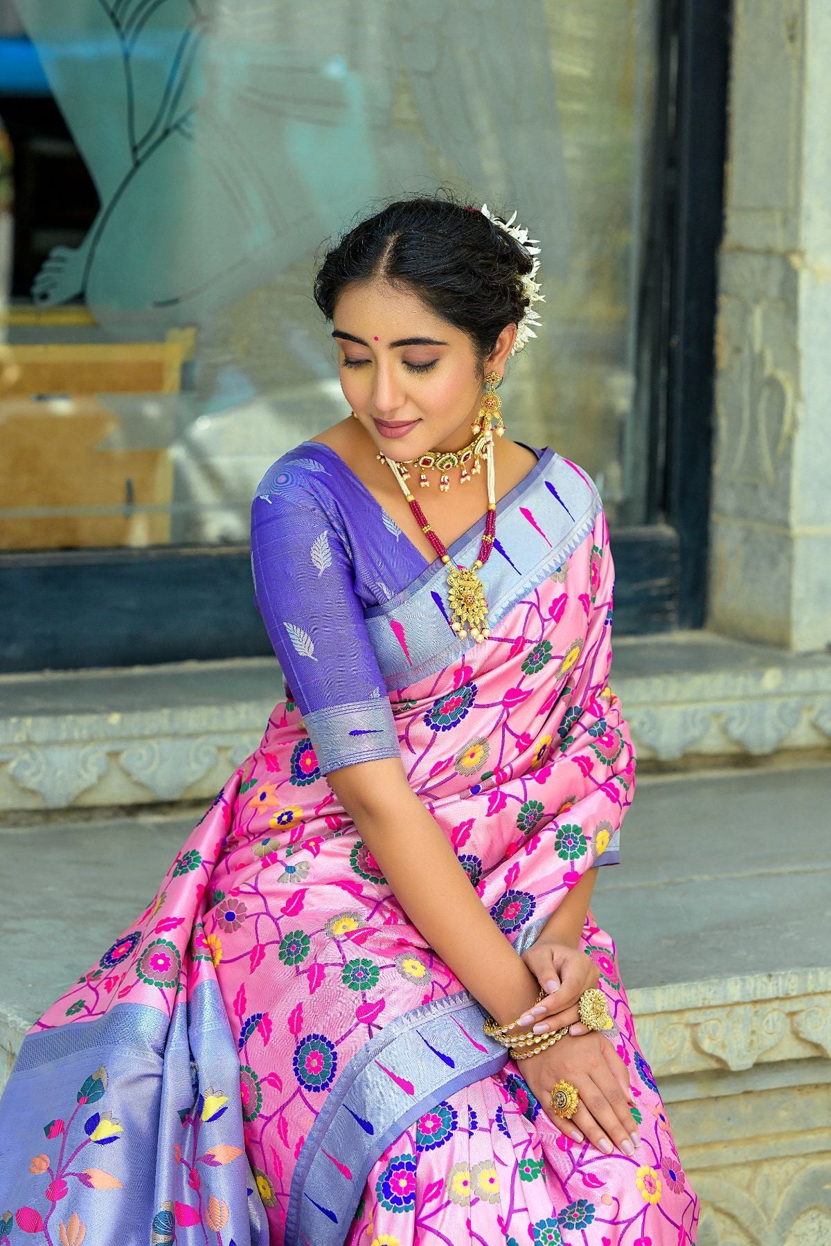 Buy MySilkLove Lotus Pink and Blue Woven Paithani Saree Online