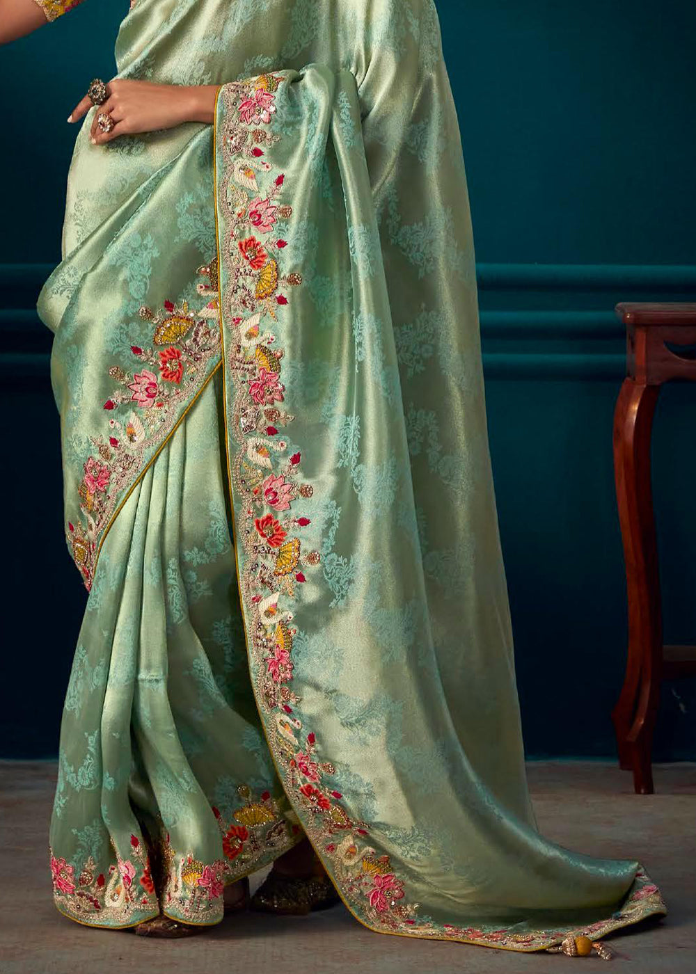 Buy MySilkLove Schist Green Woven Embroidered Banarasi Silk Saree Online