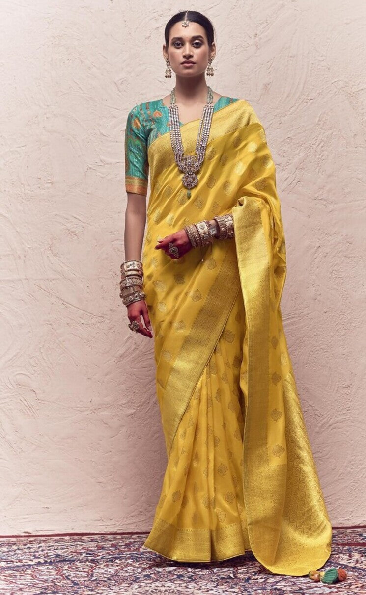 Buy MySilkLove Orche Yellow Designer Banarasi Handloom Silk Saree Online