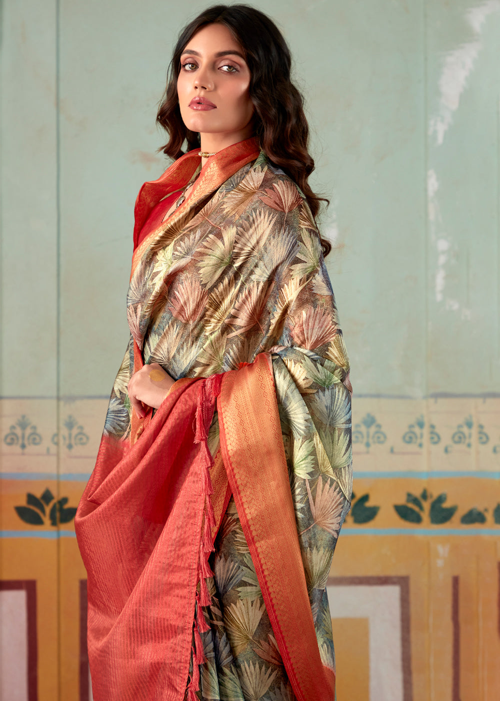 Buy MySilkLove Shadow Green and Red Banarasi Tissue Silk Saree Online