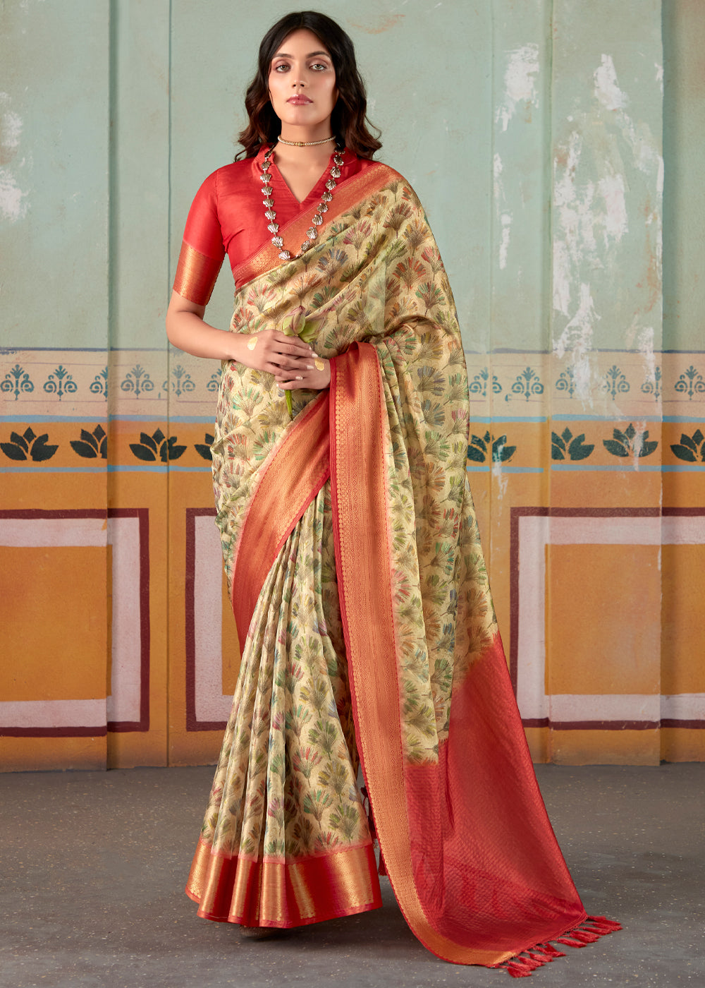 Buy MySilkLove Misty Moss Green and Red Banarasi Tissue Silk Saree Online