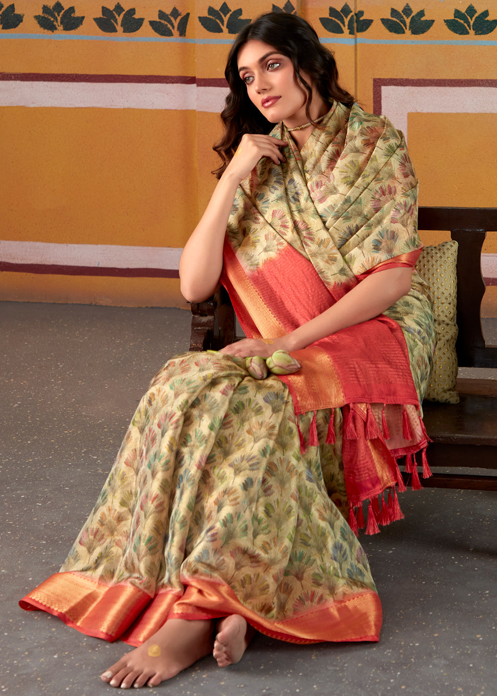 Buy MySilkLove Misty Moss Green and Red Banarasi Tissue Silk Saree Online