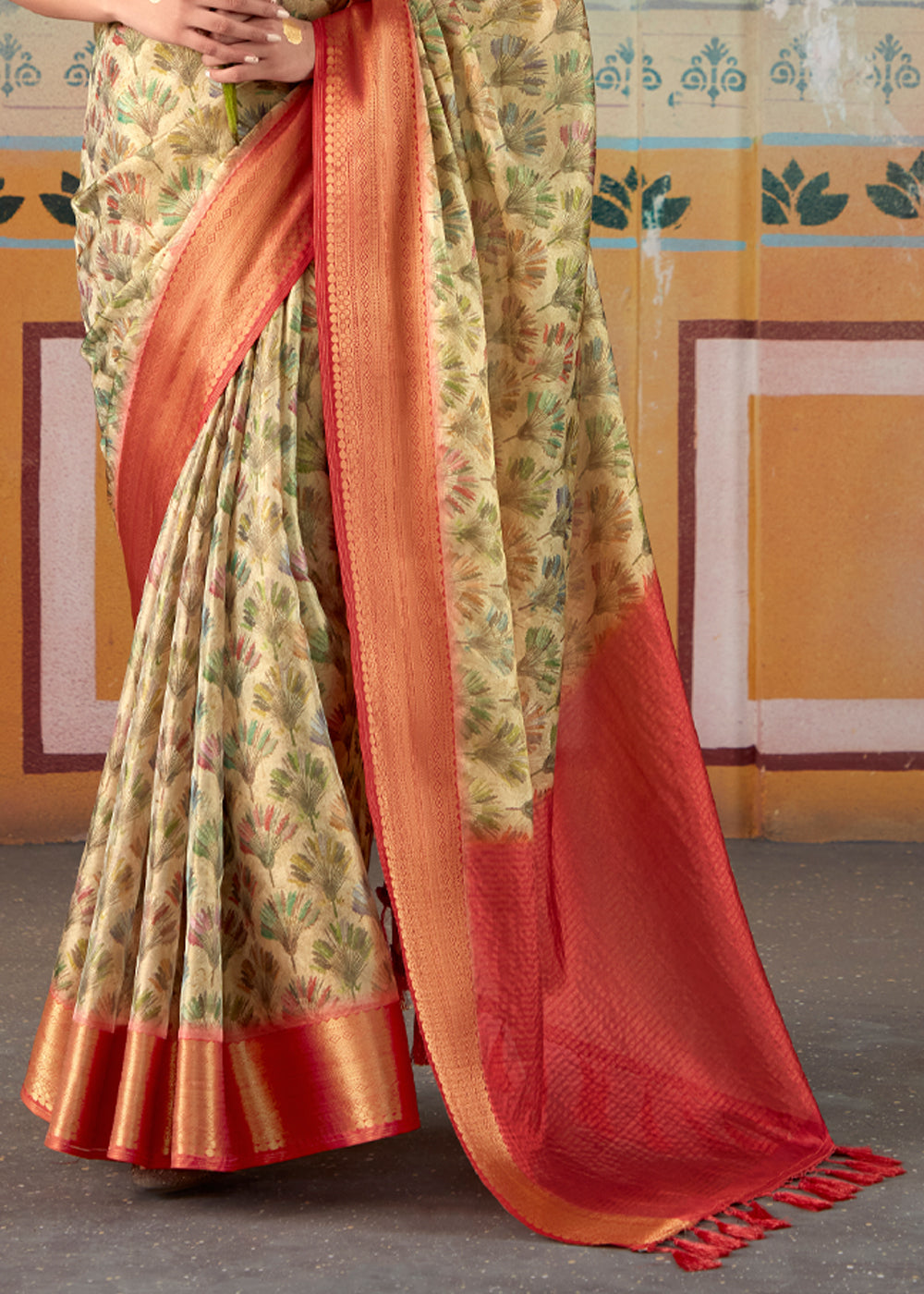 Buy MySilkLove Misty Moss Green and Red Banarasi Tissue Silk Saree Online