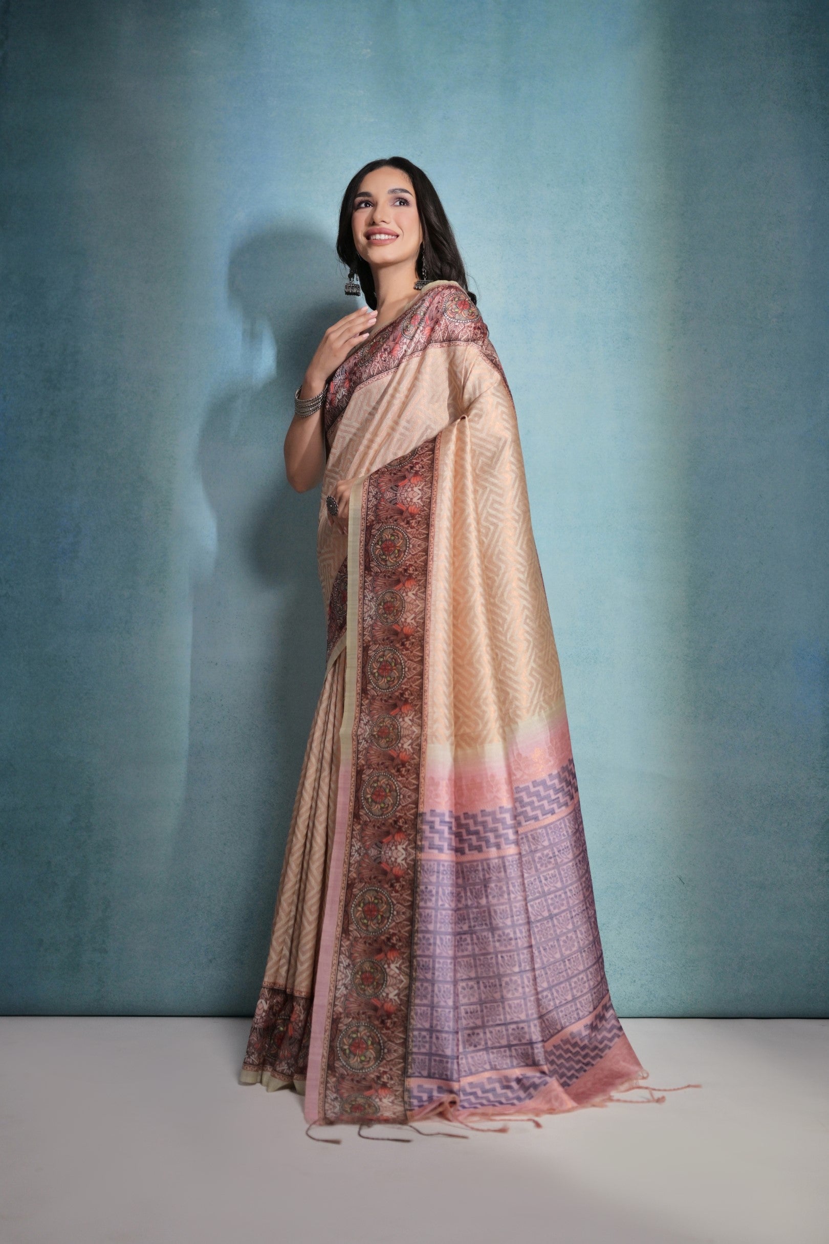 Buy MySilkLove Desert Sand Cream Cotton Kalamkari Silk Saree Online