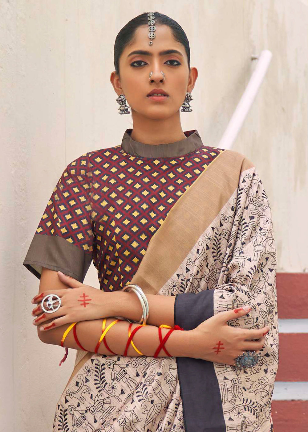 Buy MySilkLove Malta Cream and Brown Printed Designer Banarasi Saree Online