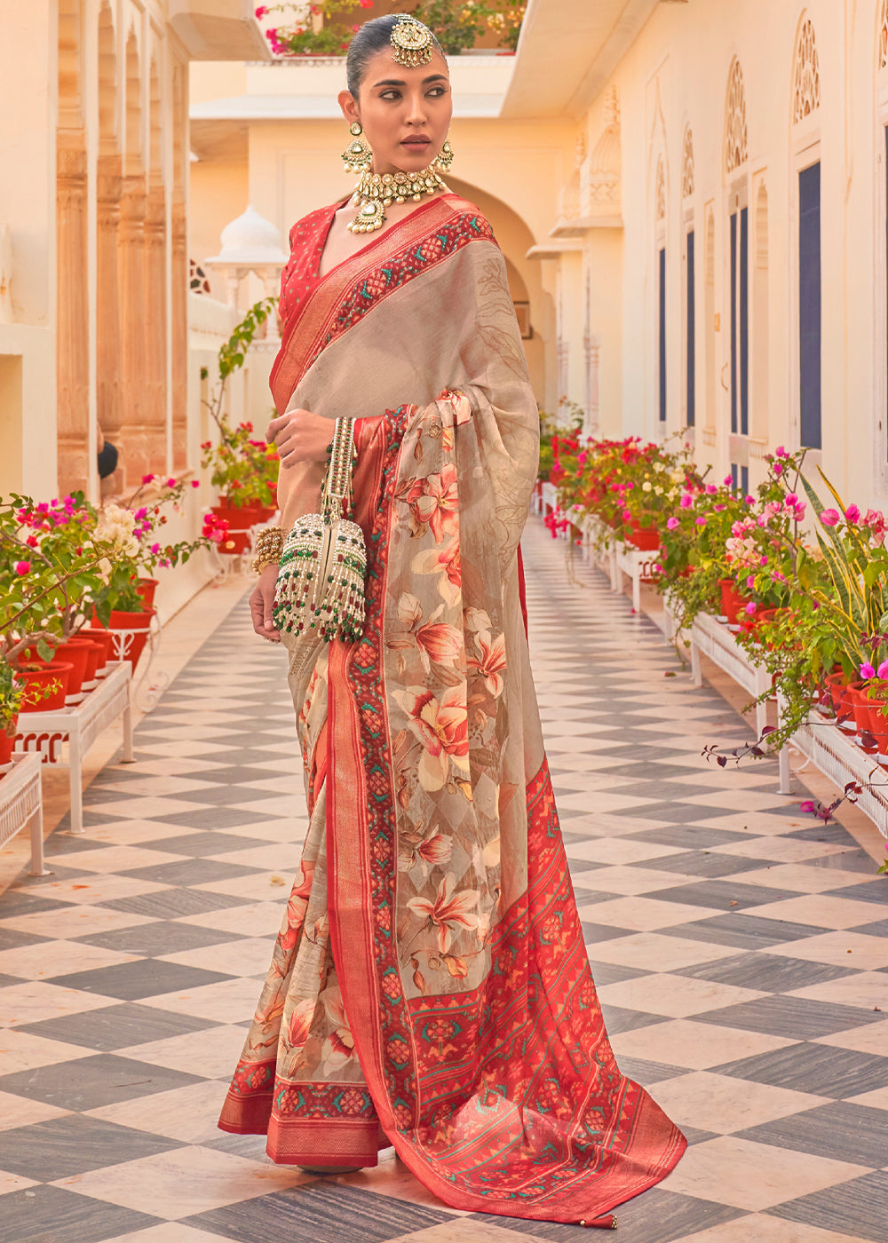 Buy MySilkLove Crail Red Printed Chiffon Patola Silk Saree Online
