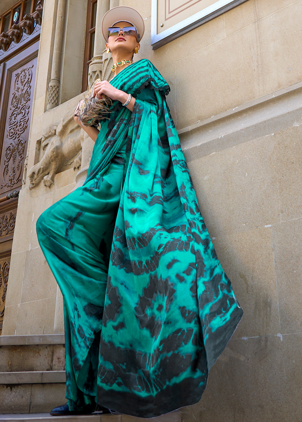 Buy MySilkLove Turquoise Green Printed Satin Crepe Sarees Online