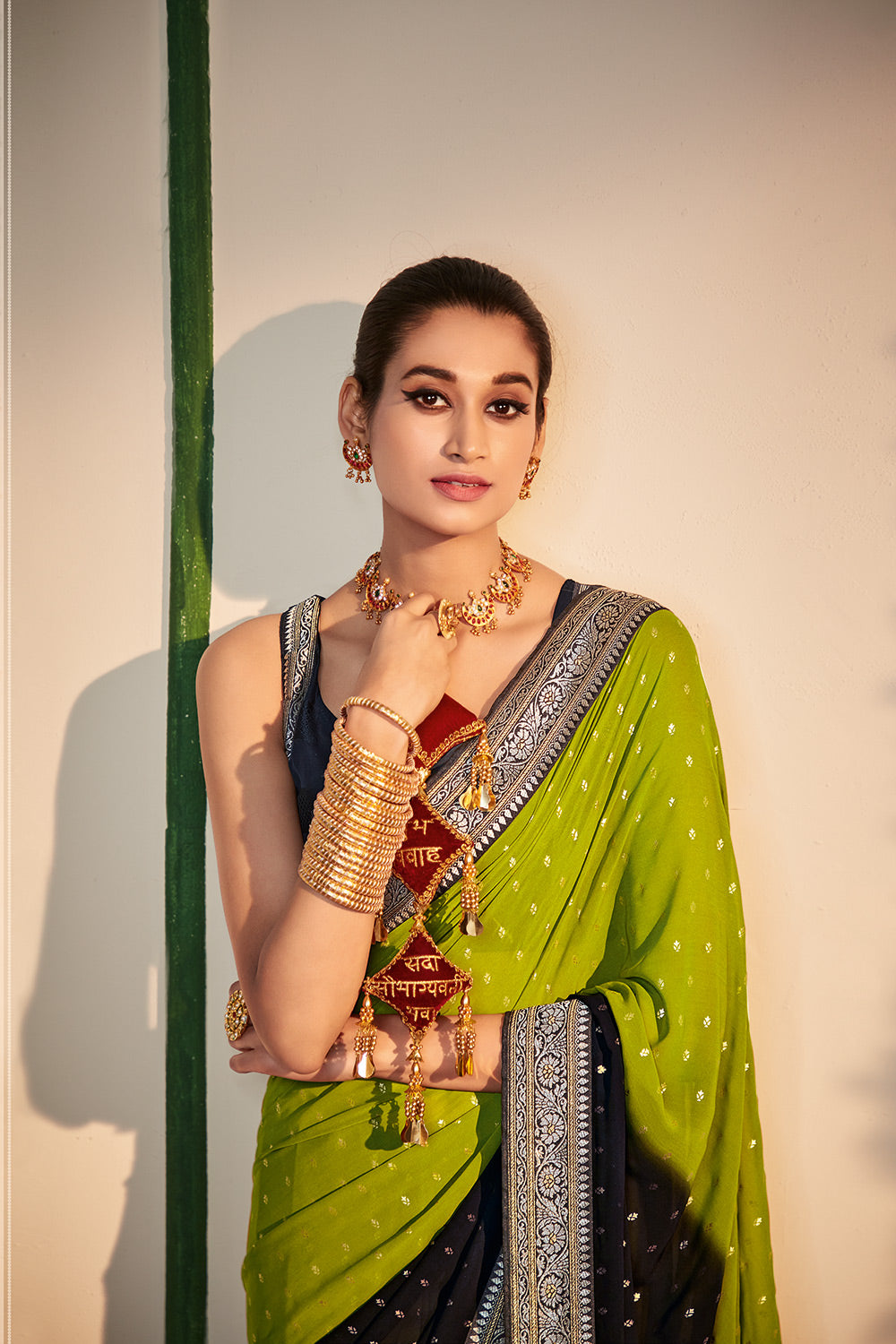 Buy MySilkLove Toddy Green and Black Printed Georgette Saree Online
