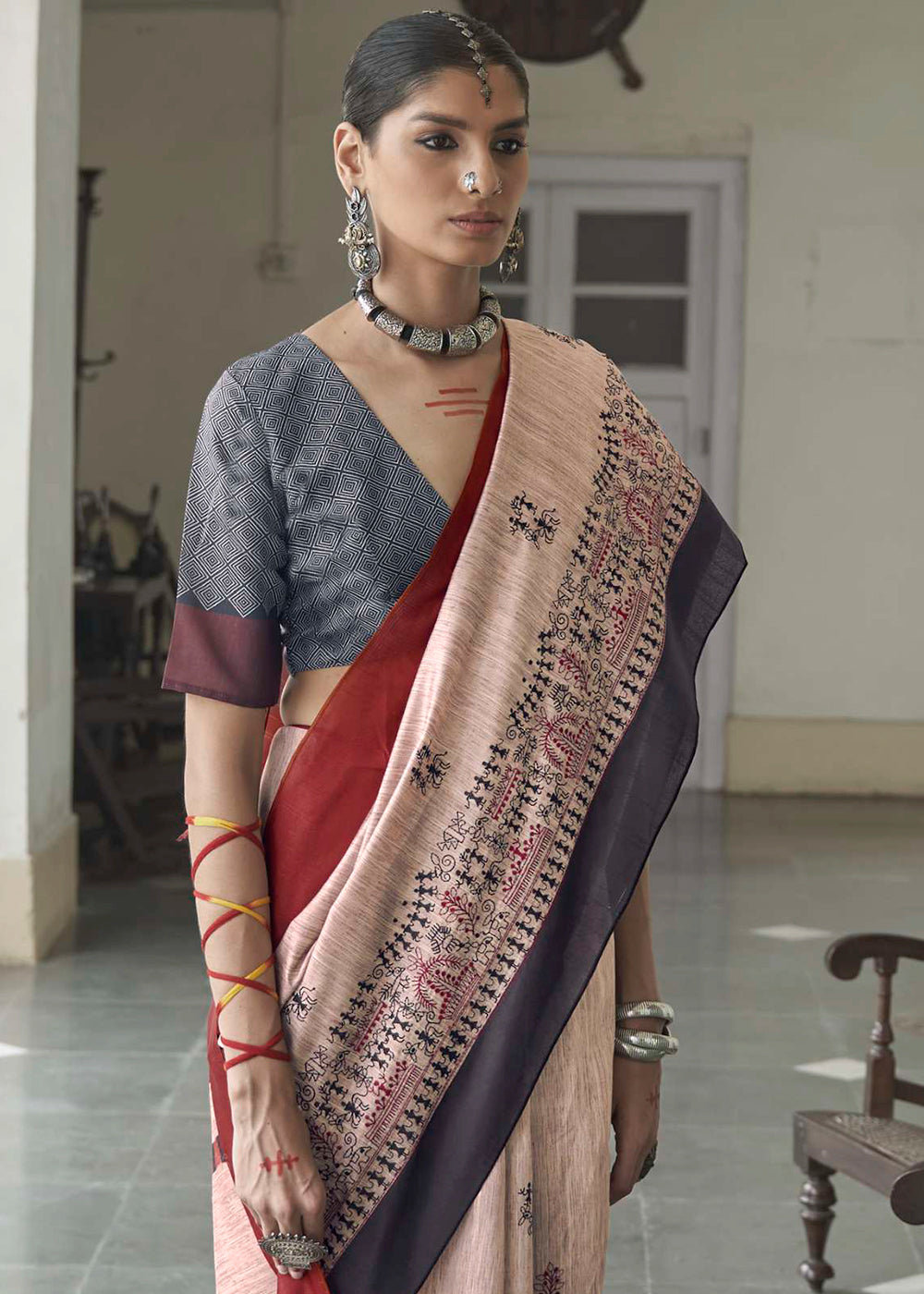Buy MySilkLove Rodeo Dust Cream and Red Printed Designer Banarasi Saree Online