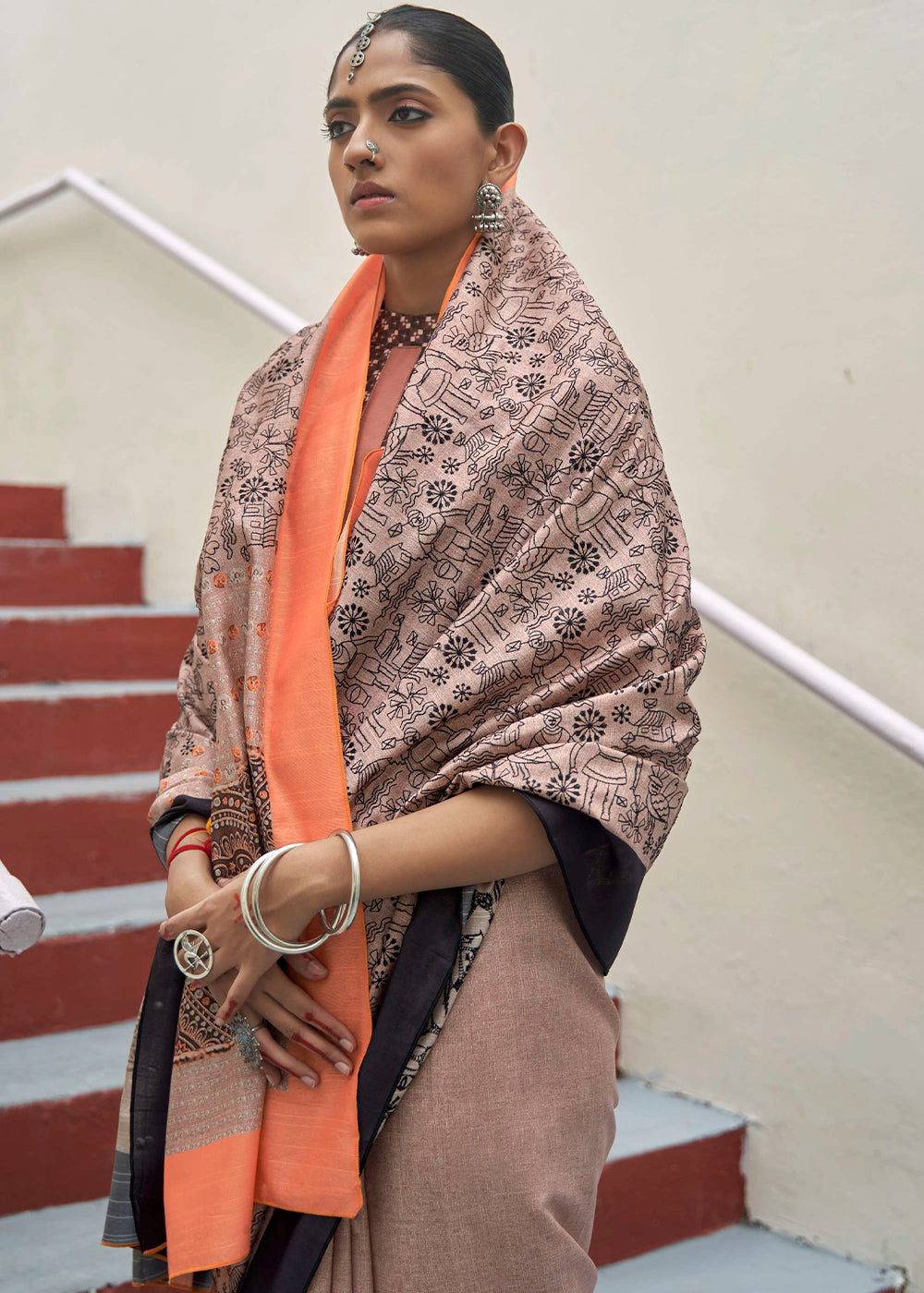 Buy MySilkLove Cold Turkey Cream and Orange Printed Designer Banarasi Saree Online