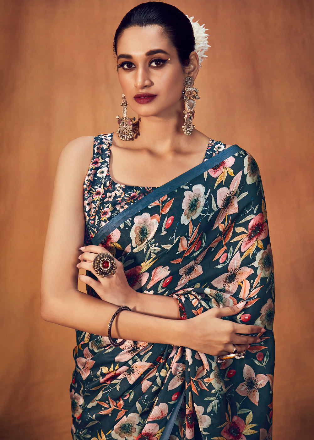 Buy MySilkLove Bermuda Blue Digital Printed Satin Silk Saree Online