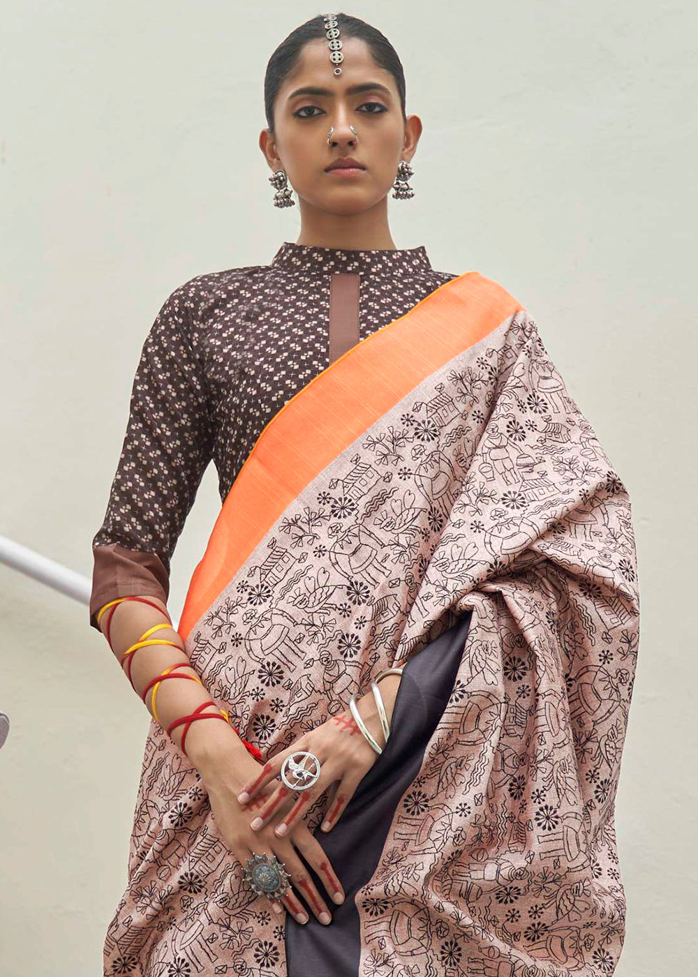 Buy MySilkLove Cold Turkey Cream and Orange Printed Designer Banarasi Saree Online