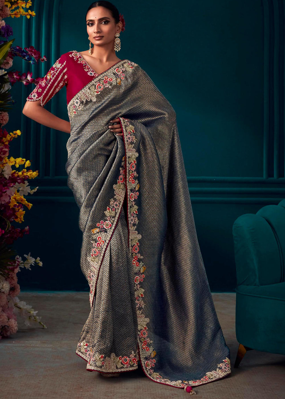 Buy MySilkLove Corduroy Grey Woven Embroidered Banarasi Silk Saree Online