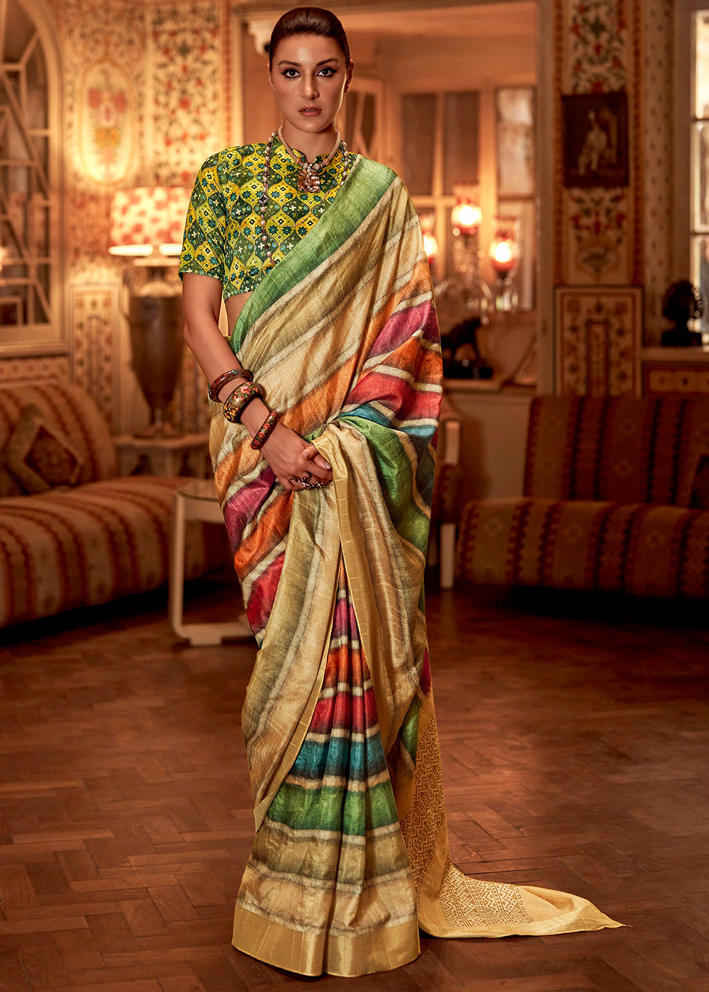 Buy MySilkLove Aztec Multicolored Cream and Green Printed Banarasi Saree Online
