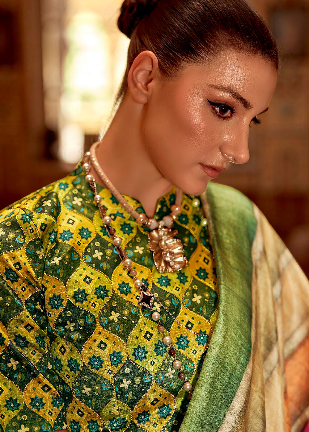 Buy MySilkLove Aztec Multicolored Cream and Green Printed Banarasi Saree Online